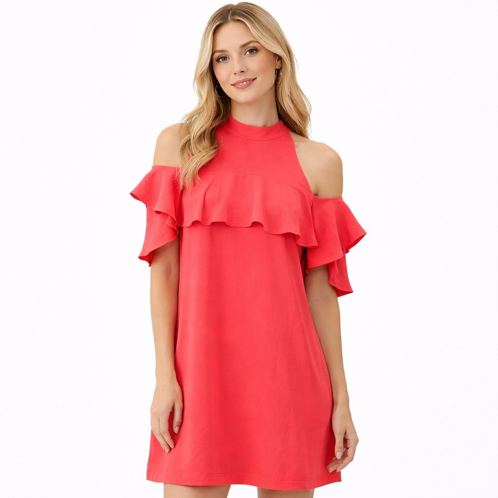 Trina Turk Coral Lily Cold‎ Shoulder Ruffle Dress Size 6 Coral NWT $248